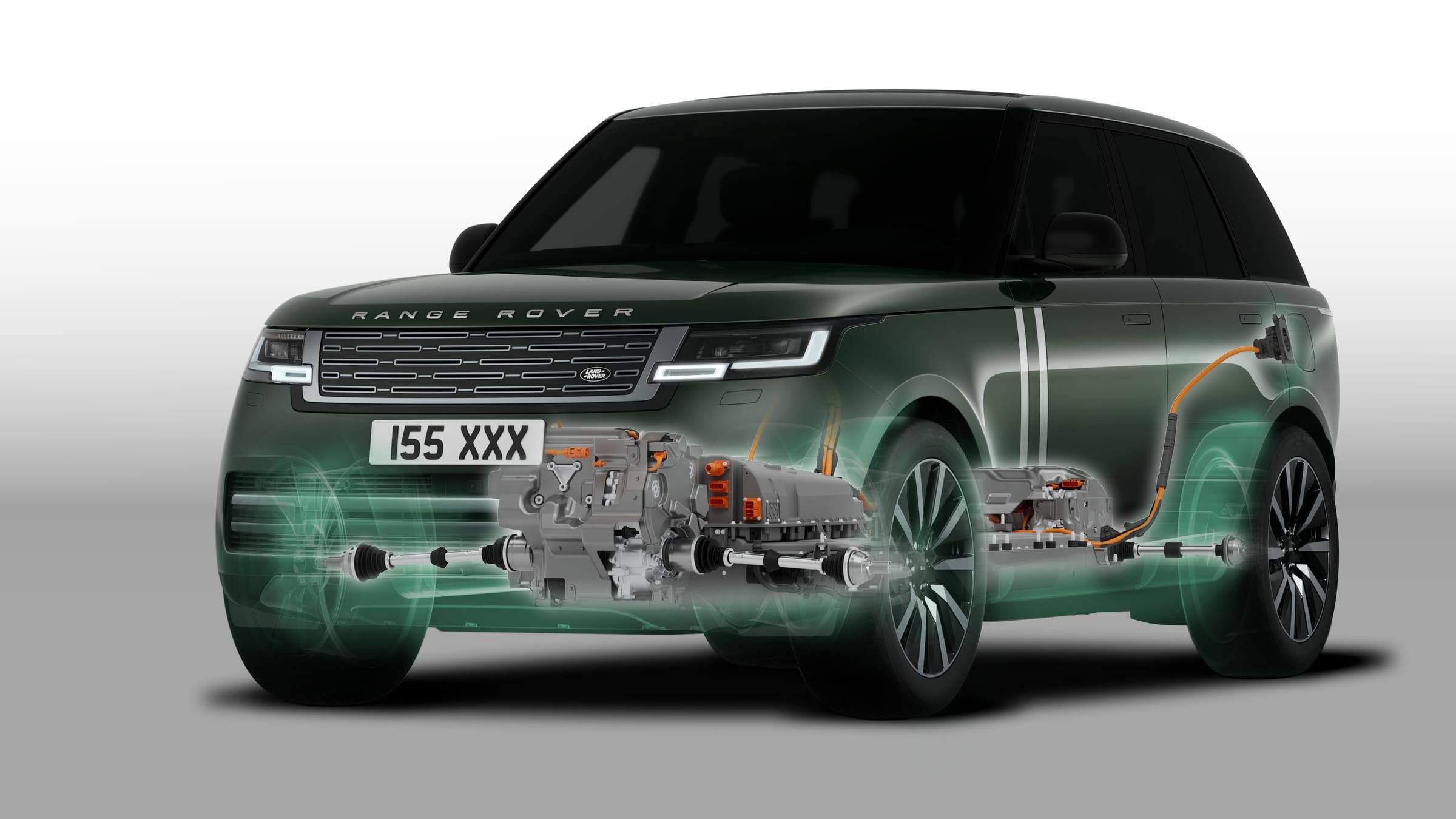 A cutaway render of the Range Rover Electric showing the battery pack in the floor and an electric motor at each axle