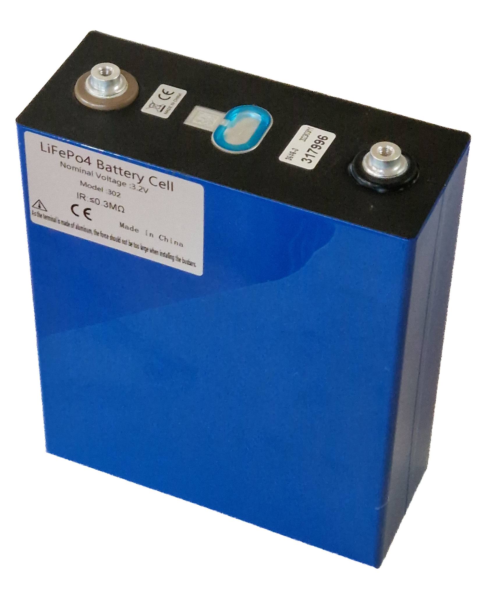 A blue prismatic lithium iron phosphate battery cell labelled LiFePO4, photographed on a white background