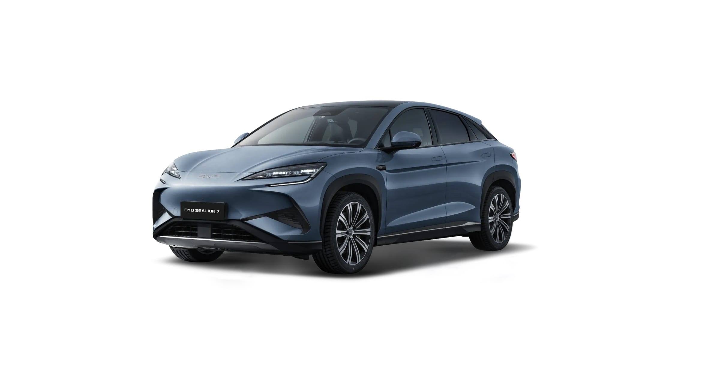 Blue-grey BYD Sealion 7, front three-quarter view on a white studio background