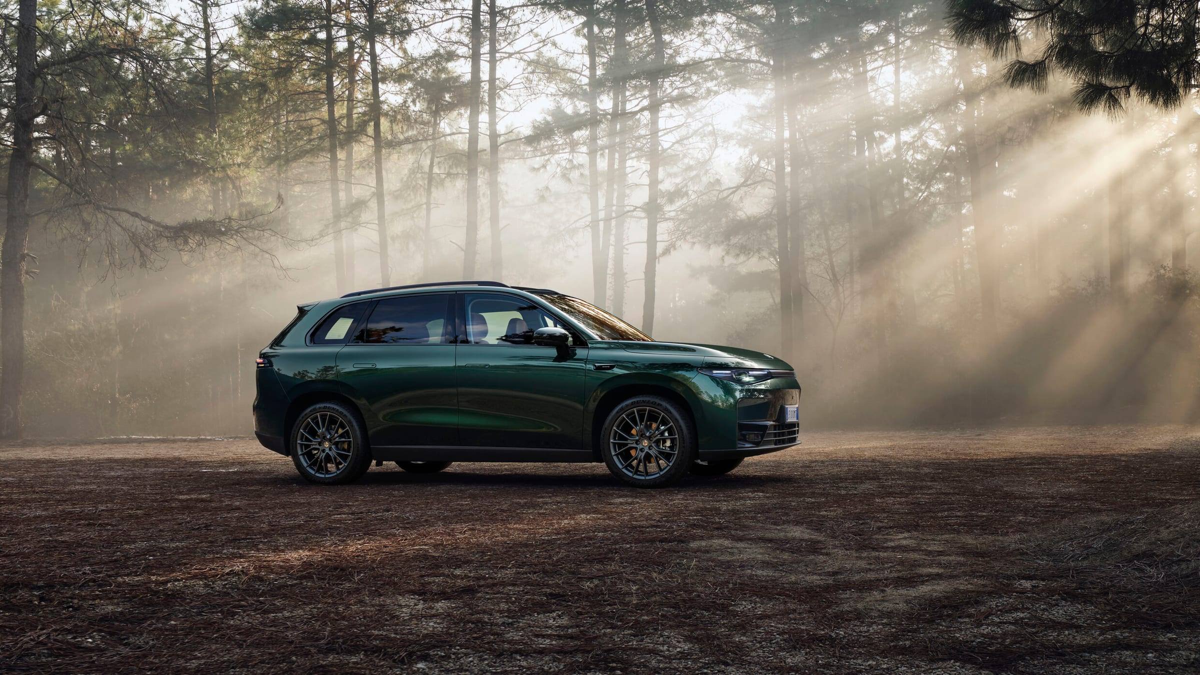 Dark green Leapmotor C10, front three-quarter view in a sunlit pine forest