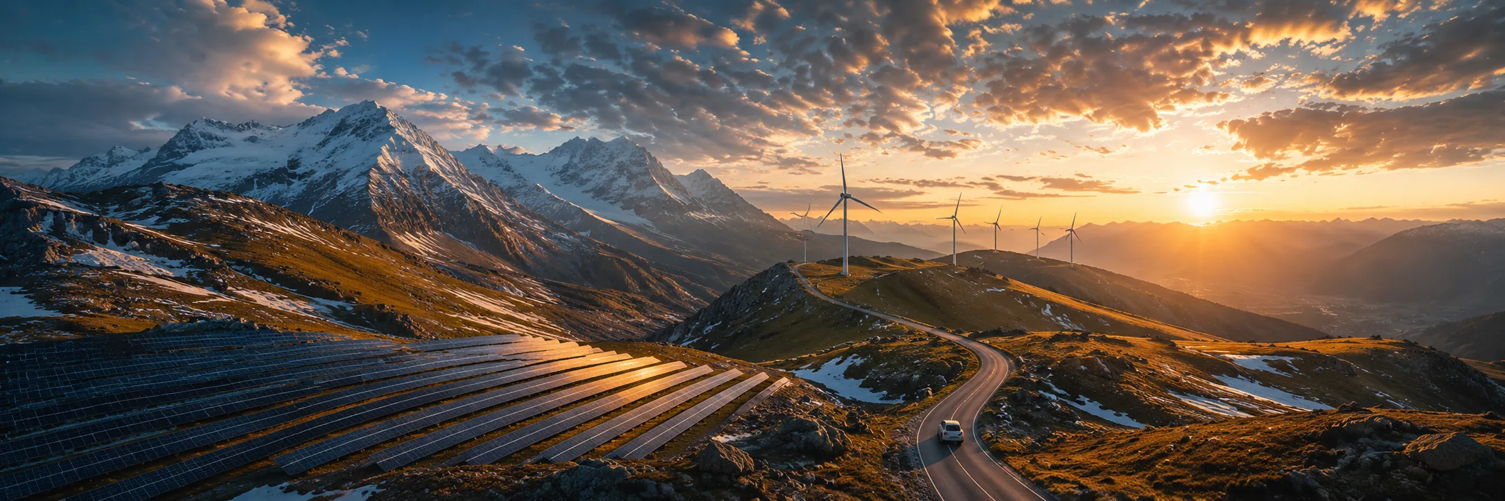 An electric car travelling through an alpine renewable-energy landscape