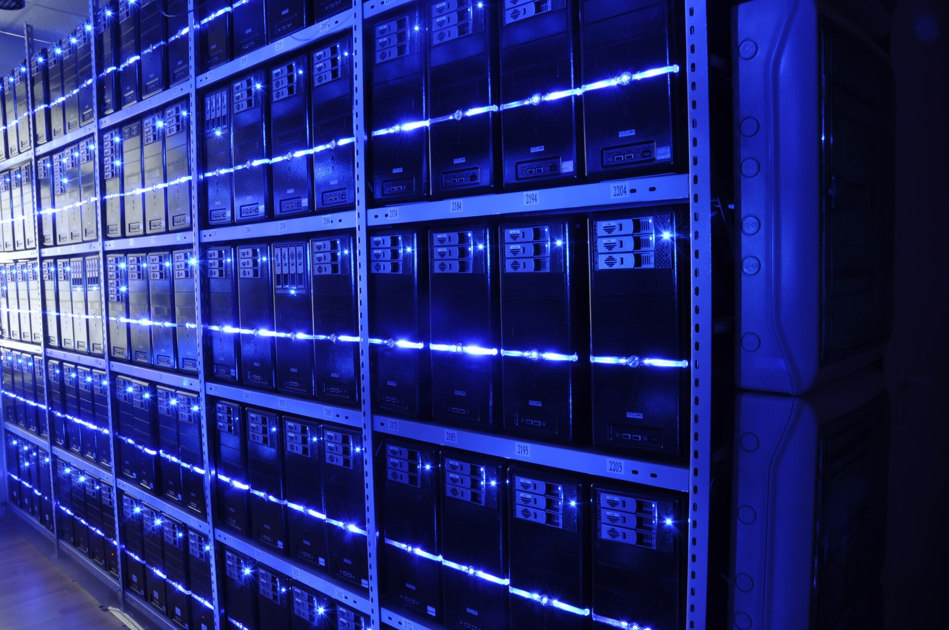 Rows of server racks inside a data centre