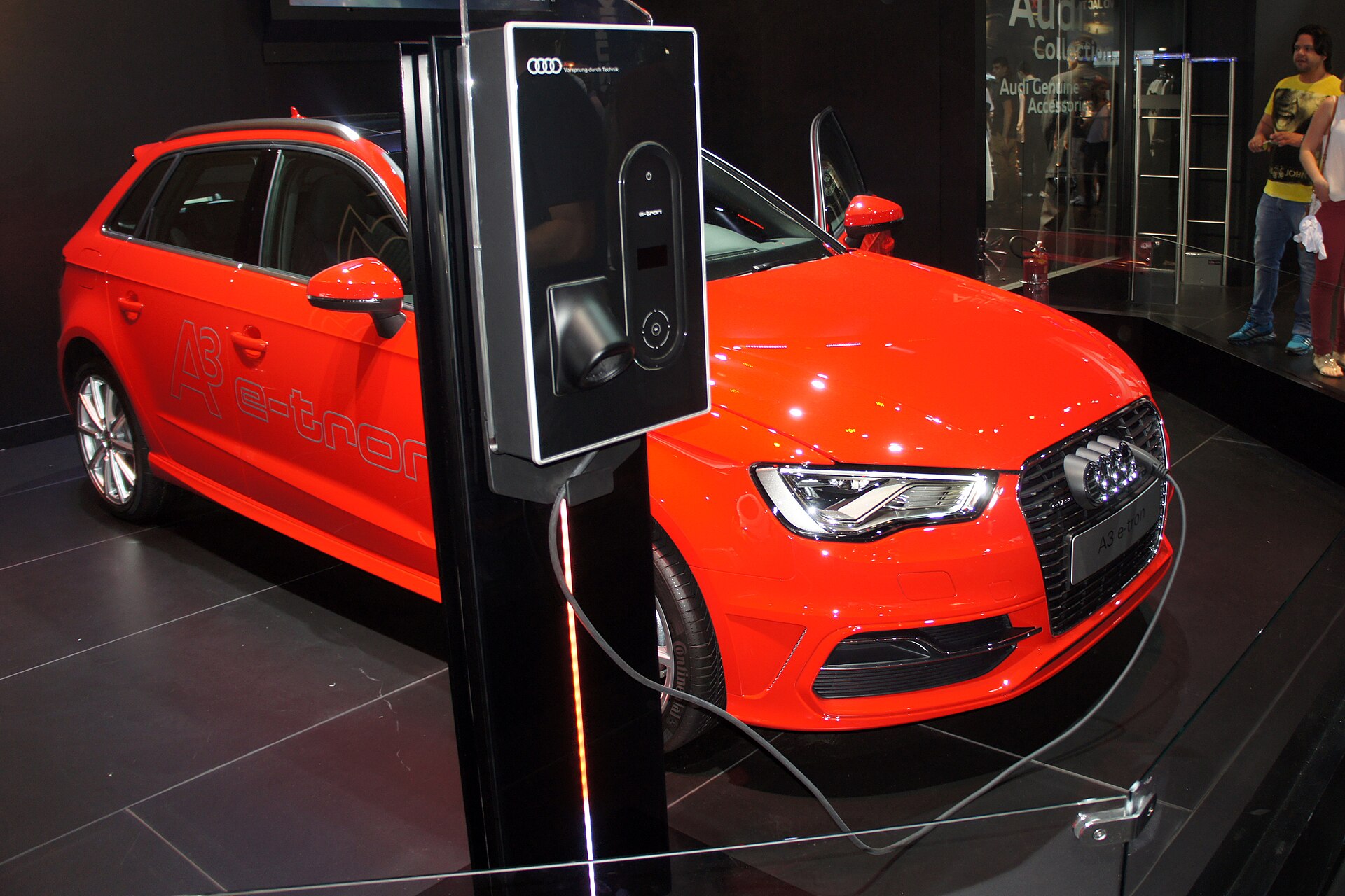 An Audi A3 e-tron plug-in hybrid displayed at an auto show