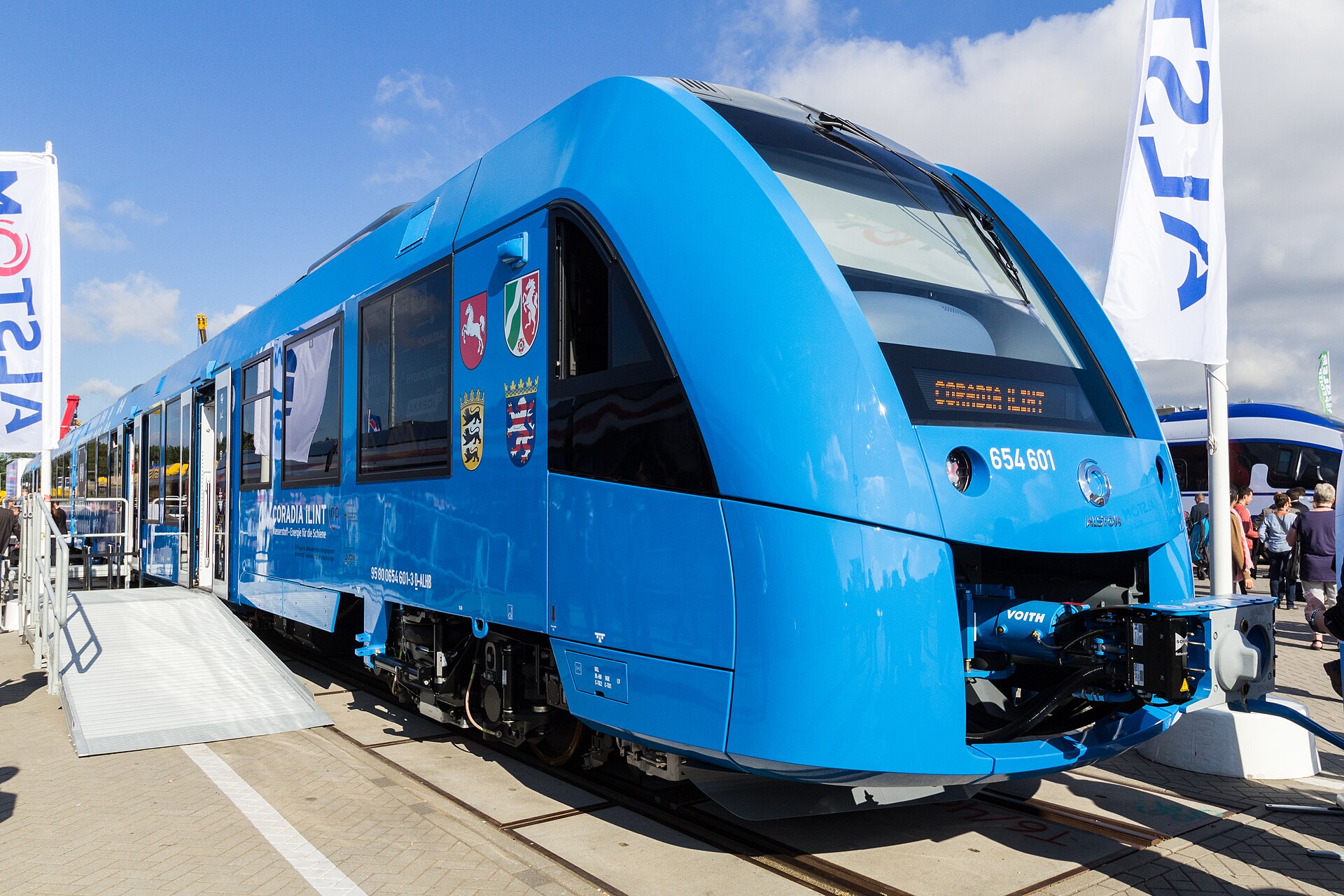 An Alstom Coradia iLint hydrogen passenger train displayed in Berlin