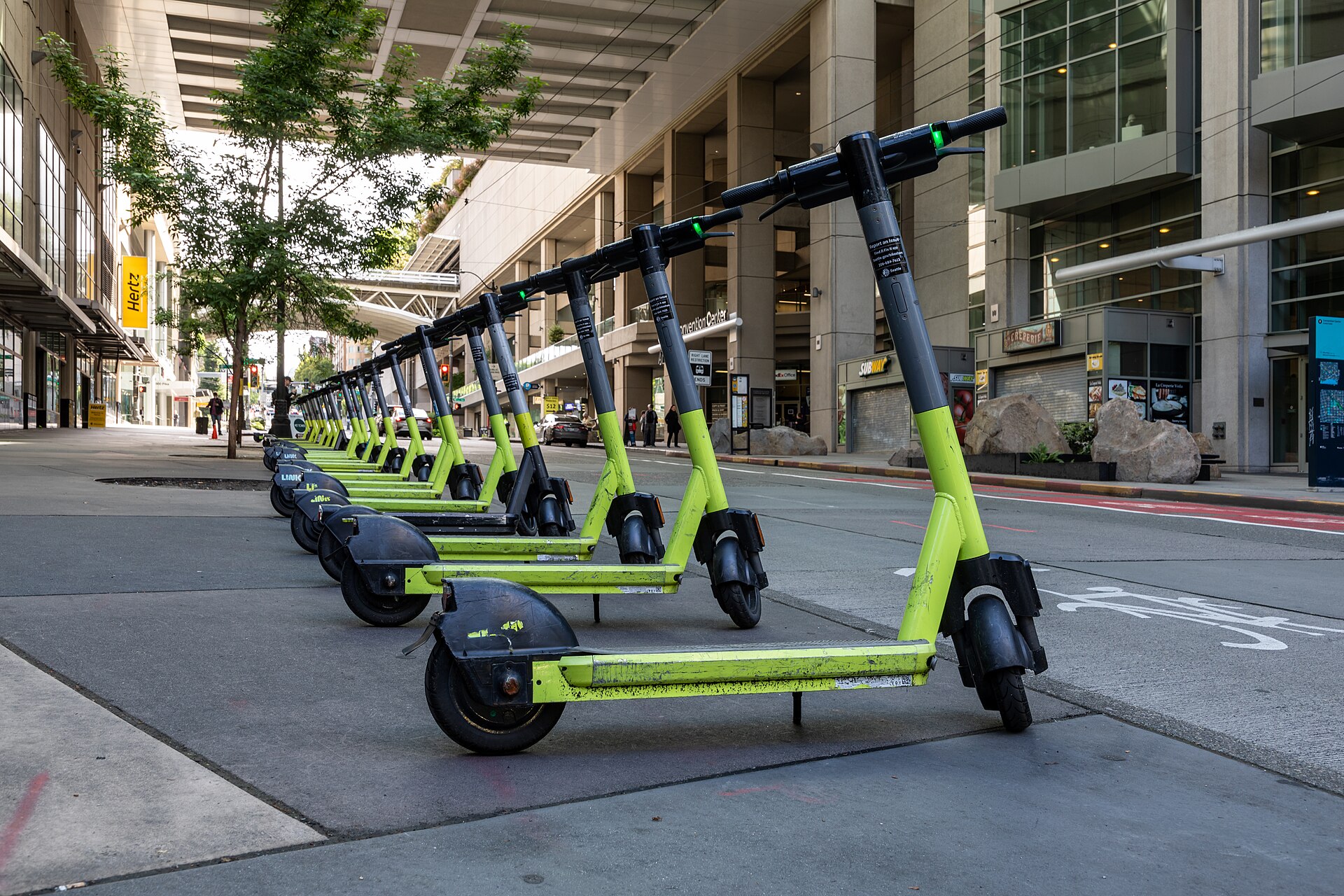 A street-legal shared electric scooter parked in Seattle