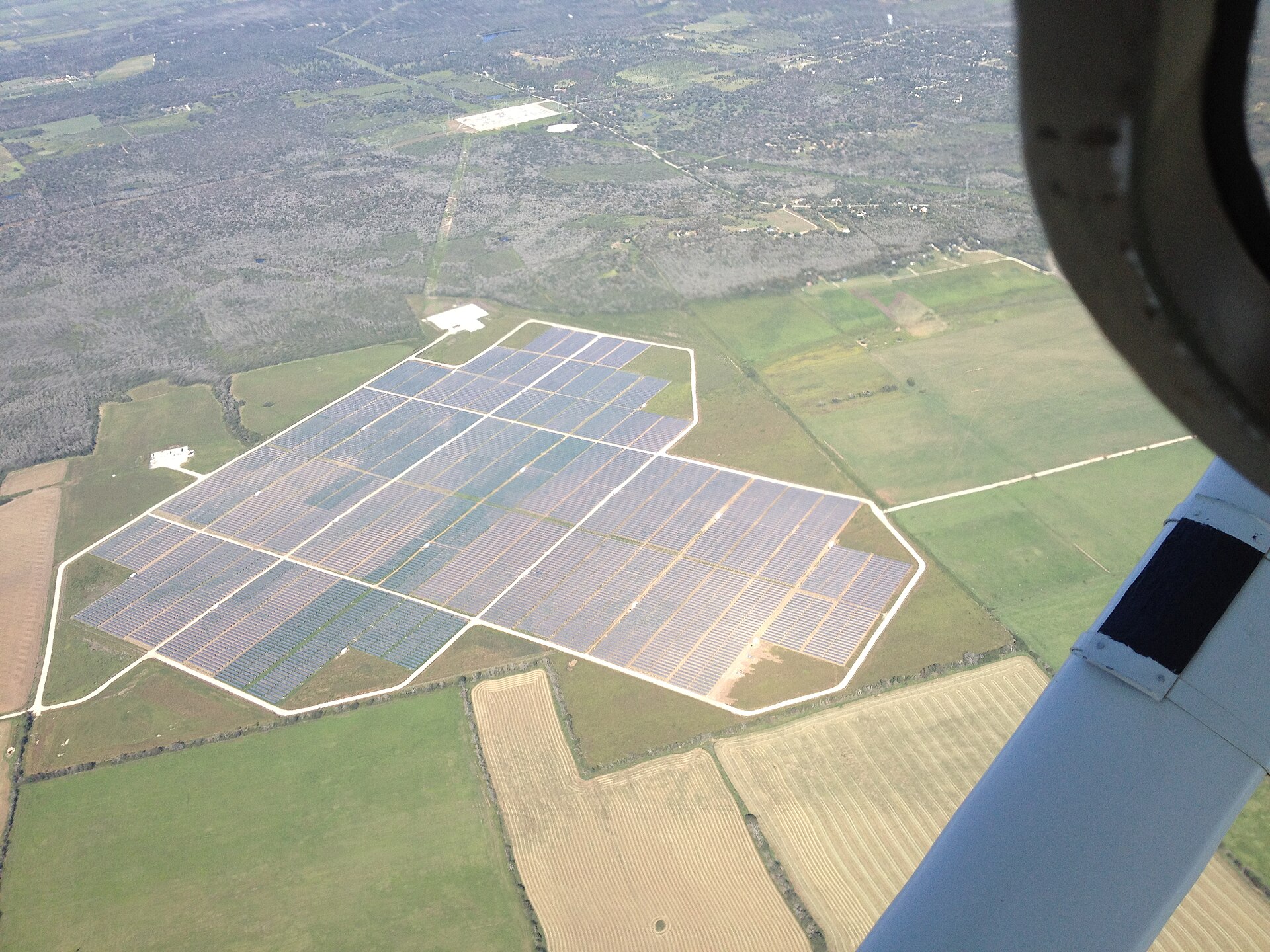 An aerial view of a large solar farm near Austin, Texas